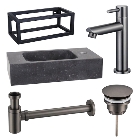Fortifura Fuente pack lave-mains – rectangulaire – 40 x 22 x 23,5 cm – robinet gunmetal – avec cadre noir SW1111561