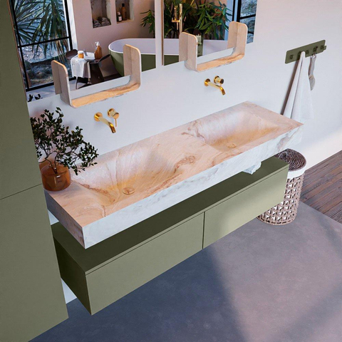 Mondiaz ALAN-DLUX Ensemble de meuble - 150cm - meuble Army mat - 2 tiroirs - Lavabo Cloud Frappe suspendu - vasque Gauche et droite - 0 trous de robinet SW804752