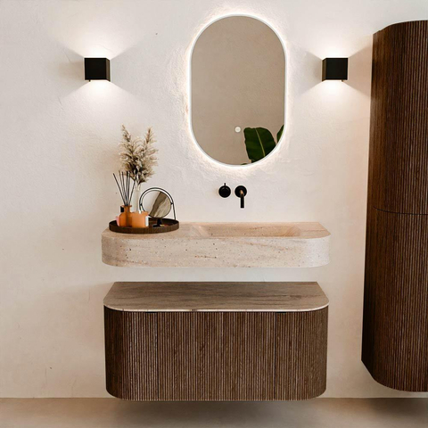 MONDIAZ THOR-DLUX 100cm badmeubel ronding links + rechts kleur Walnut met 1 lade en 2 deuren. Vrijhangende wastafel CLOUD Rechts zonder kraangat kleur Saba. SW1467558