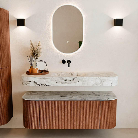 MONDIAZ THOR-DLUX 130cm meuble de salle de bains arrondi gauche + droite couleur Ruby avec 1 tiroir et 2 portes. Vasque suspendue CLOUD Centre sans trou de robinet couleur Glace. SW1463680