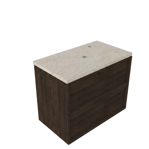 Saniclass Holz Frame Ensemble de meubles de salle de bains - 80x45x63cm - Plan de travail en pierre naturelle travertin - 1 trou de robinet - 2 tiroirs - chêne charbon mat (bois) SW1580030