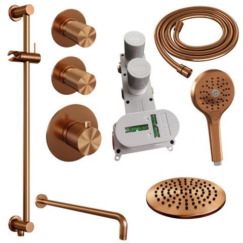 BRAUER Copper Carving ensemble de douche pluie encastré – douche de tête Ø 20 cm – bras mural courbé 40 cm – douchette ronde – 2 fonctions SW715764