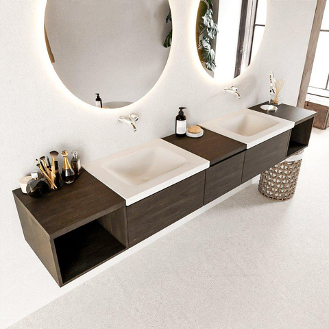 MONDIAZ BUKLA 240cm ensemble de meuble avec module ouvert 40 L+R couleur Marron Foncé avec 3 tiroirs. Lavabo CLOUD double 0 trous de robinet couleur Talc. SW1382223