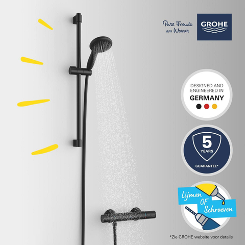 Grohe Precision Start Doucheset - thermostatische douchekraan - met glijstangset - 60cm - ronde handdouche - 1 straalsoort - gladde doucheslang - matte black (mat zwart) SW1126436