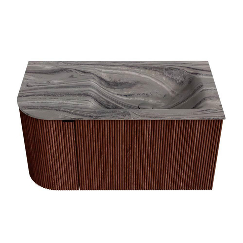 MONDIAZ KURVE-DLUX Meuble de salle de bains 85cm arrondi à gauche couleur Ruby avec 1 tiroir et 1 porte. Lavabo CLOUD à droite 1 trou de robinet Sombra. SW1433928