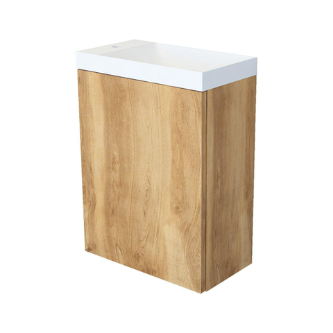 Arcqua Marble lave-mains – 40 x 22 x 54,5 cm – marbre blanc mat – sans robinet – cadre chêne naturel, sans trop-plein SW909590