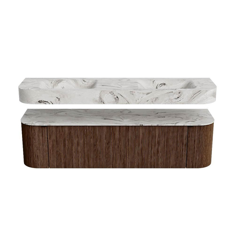 MONDIAZ THOR-DLUX 170cm meuble de salle de bains arrondi gauche + droite couleur Walnut avec 1 tiroir et 2 portes. Vasque suspendue CLOUD Double 2 trous de robinet couleur Glace. SW1465582