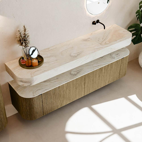MONDIAZ THOR-DLUX Meuble de salle de bains 190cm arrondi gauche + droite couleur Dusk avec 2 tiroirs et 2 portes. Vasque suspendue CLOUD Droite sans trou de robinet couleur Ostra. SW1466471
