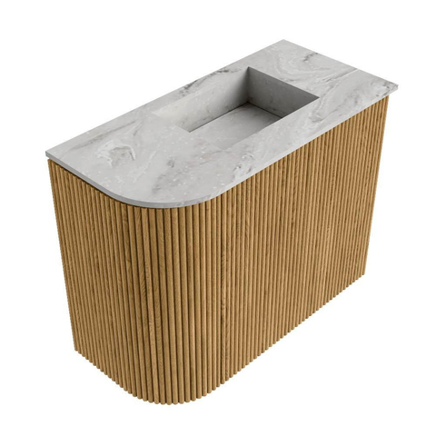Mondiaz JOYA-DLUX Meuble de salle de bains - 51,6cm - arrondi gauche couleur Chêne - Vasque FAYE position Droite Sans trou de robinet couleur Glace SW1421988