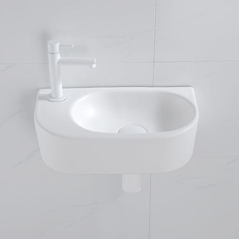 QeramiQ Fuente pack lave-mains – demi-rond – 40 x 21,5 x 12 cm – céramique blanc mat – robinet blanc mat SW1232802