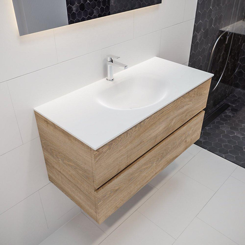 ENSEMBLE DE MEUBLE MONDIAZ VICA - 100cm - 2 tiroirs - lavabo Moon central - 1 trou de robinet - solid surface chêne blanchi SW409883
