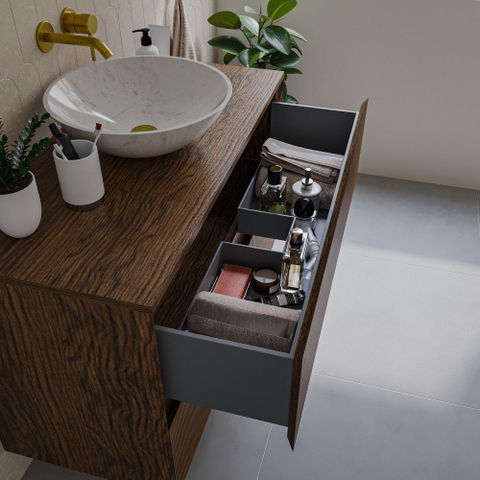 Saniclass Holz Atelier Meuble de salle de bain - 100x45x60cm - lavabo en céramique blanc - 1 vasque - sans trous de robinet - 2 tiroirs - Walnut pure SW1437730