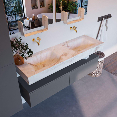 Mondiaz ALAN-DLUX Ensemble de meuble - 150cm - meuble Plata mat - 2 tiroirs - Lavabo Cloud Frappe suspendu - vasque Gauche et droite - 0 trous de robinet SW805248