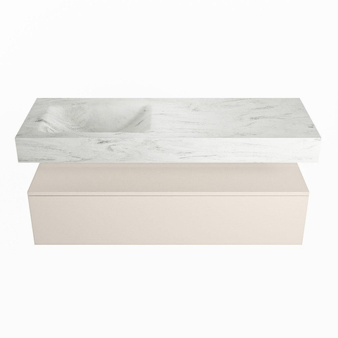 Mondiaz ALAN-DLUX Ensemble de meuble - 130cm - meuble Linen mat - 1 tiroir - Lavabo Cloud Opalo suspendu - vasque Gauche - 1 trou de robinet SW806453