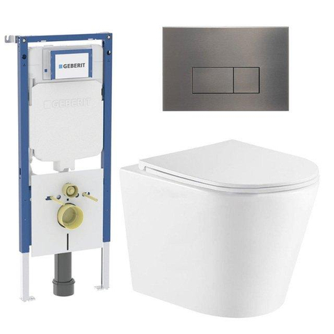 QeramiQ Dely Toiletset - 36.3x51.7cm - diepspoel - rimless - Geberit UP720 inbouwreservoir - softclose toiletzitting - gunmetal bedieningsplaat - rechtehoekige knoppen - met Burda frame - mat wit SW1428753