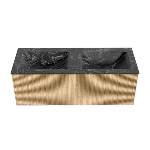 MONDIAZ KURVE-DLUX meuble de salle de bains 120 cm couleur Oak avec 1 tiroir. Lavabo LEAF double 2 trous de robinetterie couleur Lava. SW1137188