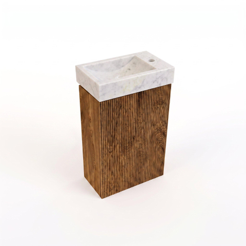 Saniclass Holz Atelier Ensemble de meuble de toilette - 40x60.5cm - 1 porte - lave-mains pierre naturelle marbre - trou de robinet à droite - walnut pure SW1577771