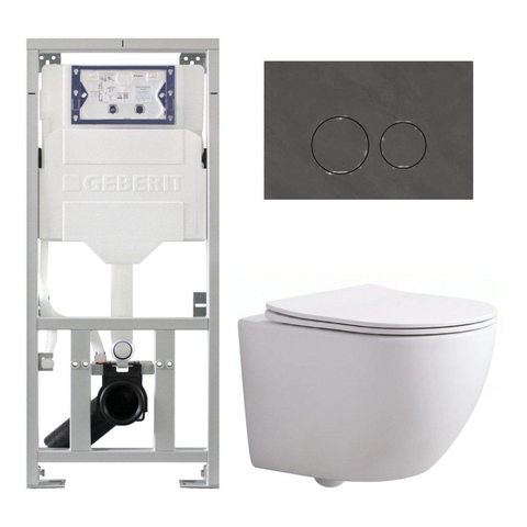 QeramiQ Dely Swirl Compact Toiletset - inbouwreservoir Geberit UP320 - met Burda frame - slim zitting - natuurstenen bedieningsplaat marmer donker - ronde knoppen - mat wit SW1595653