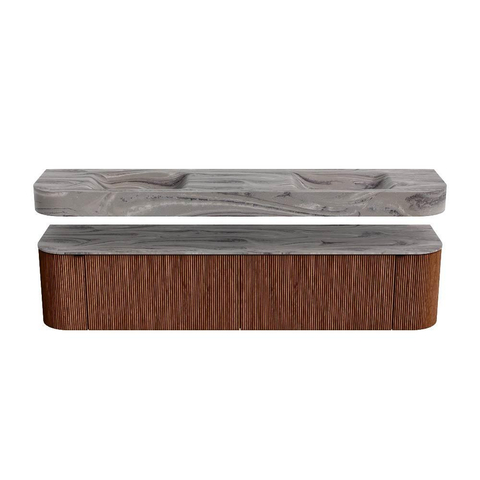 MONDIAZ THOR-DLUX 200cm meuble de salle de bains arrondi gauche + droite couleur Ruby avec 2 tiroirs et 2 portes. Vasque suspendue CLOUD Double 2 trous de robinet couleur Sombra. SW1467289