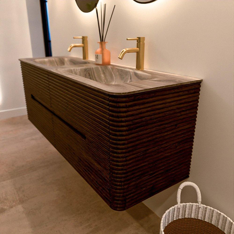 Mondiaz CIRO-DLUX Badkamermeubelset - 140x45x50cm - Solid surface wastafel Sombra - 2 wasbak Dubbel - 2 kraangaten - 4 lades - Walnut SW1530759