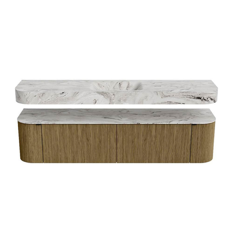 MONDIAZ THOR-DLUX Meuble de salle de bains 190cm arrondi gauche + droite couleur Dusk avec 2 tiroirs et 2 portes. Vasque suspendue CLOUD Milieu sans trou de robinet couleur Glace. SW1466443