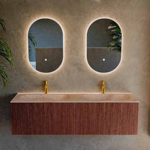 MONDIAZ KURVE-DLUX Meuble de salle de bains 150cm couleur Ruby avec 2 tiroirs et 0 portes. Lavabo STOR SMALL Double 2 trous de robinet Saba. SW1433520
