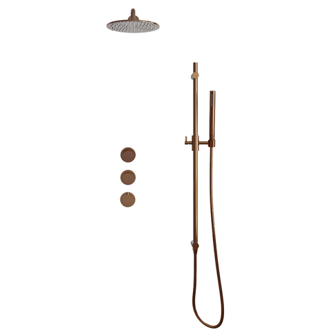 Fortifura Nebbio Regendoucheset - inbouwkraan - inbouwdeel - glijstang - doucheslang glad - staafhanddouche - 35cm - wandarm - 30cm ronde hoofddouche - PVD - geborsteld koper SW1237525
