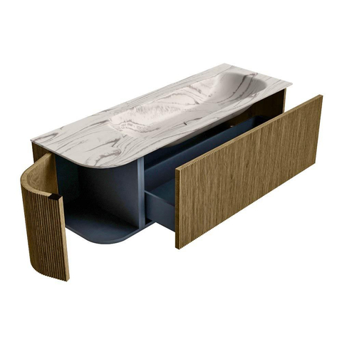 MONDIAZ KURVE-DLUX 135cm badmeubel ronding Links kleur Dusk met 1 lade en 1 deur. Wastafel BIG MEDIUM Rechts zonder kraangat Nata. SW1432392