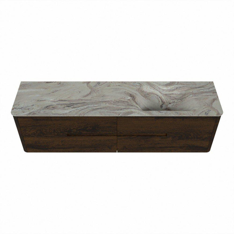 Mondiaz CIRO-DLUX Badkamermeubelset - 180x45x50cm - Solid surface wastafel Glace - 1 wasbak Rechts - zonder kraangaten - 4 lades - Walnut SW1530167