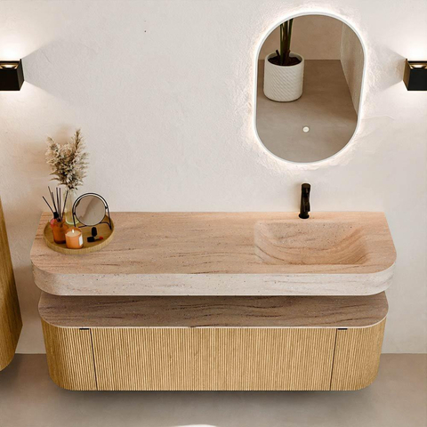 MONDIAZ THOR-DLUX 160cm meuble de salle de bains arrondi gauche + droite couleur Oak avec 1 tiroir et 2 portes. Vasque suspendue CLOUD Droite 1 trou de robinet couleur Saba. SW1465335
