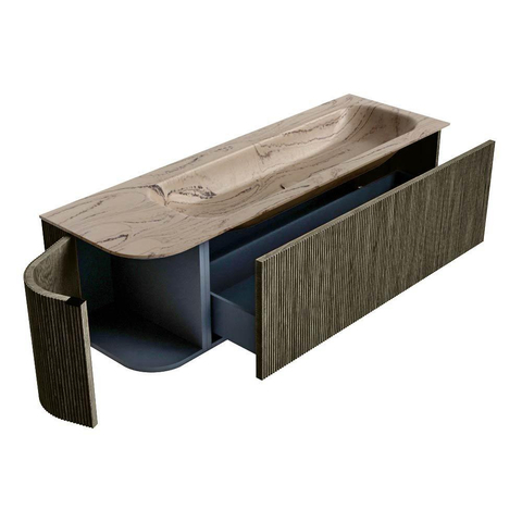MONDIAZ KURVE-DLUX Meuble de salle de bains 145cm arrondi à gauche couleur Shadow avec 1 tiroir et 1 porte. Lavabo BIG LARGE à droite sans trou de robinet Arena. SW1431467
