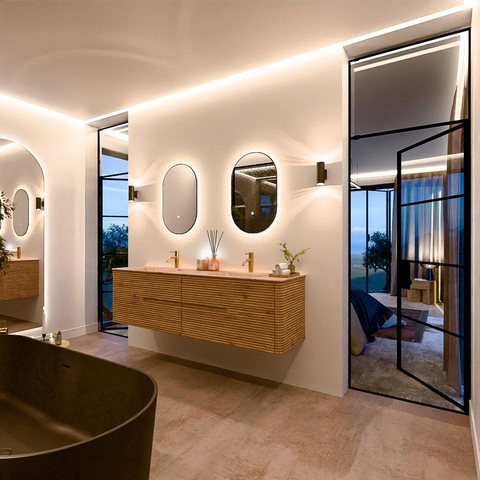 Mondiaz CIRO-DLUX Meuble de salle de bains - 180x45x50cm - Plan-vasque solid surface Arena - 2 vasques Double - 2 perçages de robinetterie - 4 tiroirs - Chêne SW1531369