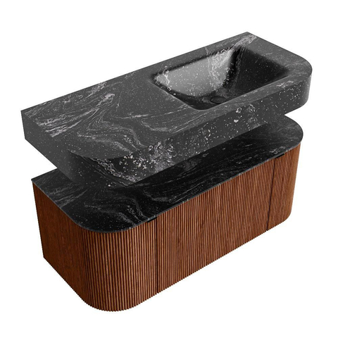 MONDIAZ THOR-DLUX 110cm meuble de salle de bains arrondi gauche + droite couleur Ruby avec 1 tiroir et 2 portes. Vasque suspendue CLOUD droite sans trou de robinet couleur Lava. SW1462855