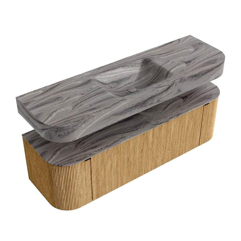 MONDIAZ THOR-DLUX 150cm meuble de salle de bains arrondi gauche + droite couleur Oak avec 1 tiroir et 2 portes. Vasque suspendue CLOUD Milieu 1 trou de robinet couleur Sombra. SW1464912