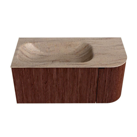 MONDIAZ KURVE-DLUX Meuble de salle de bains 95cm arrondi Droit couleur Ruby avec 1 tiroir et 1 porte. Lavabo BIG SMALL Gauche 1 trou de robinet Saba. SW1433446