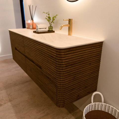 Mondiaz CIRO-DLUX Badkamermeubelset - 150x45x50cm - Solid surface wastafel Meli - 1 wasbak Rechts - 1 kraangat - 4 lades - Dusk SW1533167