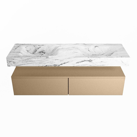 Mondiaz ALAN-DLUX Ensemble de meuble - 150cm - meuble Oro mat - 2 tiroirs - Lavabo Cloud Glace suspendu - vasque Gauche et droite - 2 trous de robinet SW806134