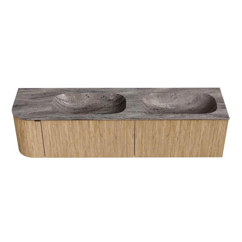 MONDIAZ KURVE-DLUX Meuble de salle de bains 175cm arrondi à gauche couleur Oak avec 2 tiroirs et 1 porte. Lavabo STOR SMALL Double / Droite sans trou de robinet Oza. SW1432691