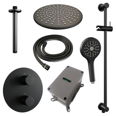 BRAUER Black Carving douche de pluie encastrée thermostatique - 3 voies - ronde - set 96 - pomme de douche 30cm - bras de plafond - douchette 3 jets - flexible de douche - barre de douche intégrée - noir mat SW1159242