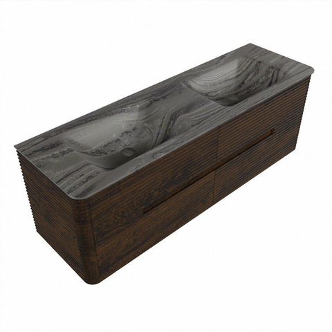 Mondiaz CIRO-DLUX Badkamermeubelset - 150x45x50cm - Solid surface wastafel Sombra - 2 wasbak Dubbel - 2 kraangaten - 4 lades - Walnut SW1530770
