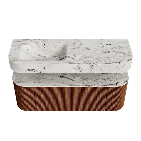 MONDIAZ THOR-DLUX 130cm meuble de salle de bains arrondi gauche + droite couleur Ruby avec 1 tiroir et 2 portes. Vasque suspendue CLOUD Gauche sans trou de robinet couleur Glace. SW1463706