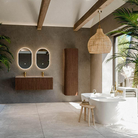 MONDIAZ KURVE-DLUX Meuble de salle de bains 120cm couleur Walnut avec 1 tiroir et 0 portes. Lavabo LEAF Double 2 trous de robinet Sombra. SW1433692