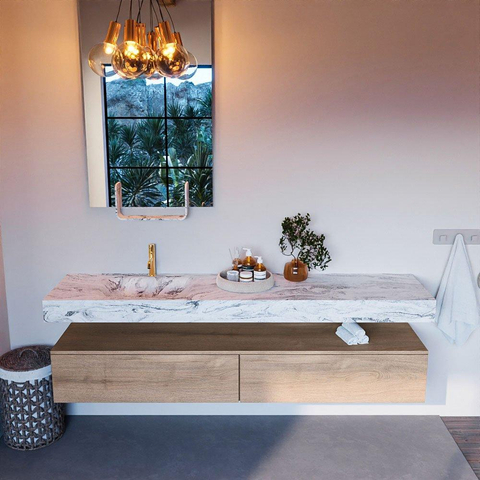 Mondiaz ALAN-DLUX Ensemble de meuble - 200cm - meuble Washed Oak mat - 2 tiroirs - Lavabo Cloud Glace suspendu - vasque Gauche - 1 trou de robinet SW808862