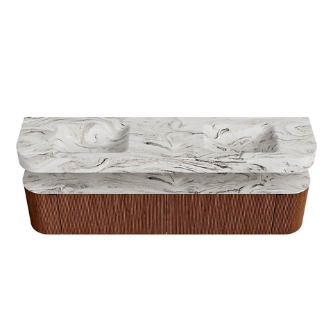 MONDIAZ THOR-DLUX 200cm meuble de salle de bains arrondi gauche + droite couleur Ruby avec 2 tiroirs et 2 portes. Vasque suspendue CLOUD Double sans trou de robinet couleur Glace. SW1466882