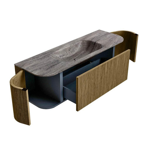 MONDIAZ KURVE-DLUX 140cm badmeubel ronding Links + Rechts kleur Dusk met 1 lade en 2 deuren. Wastafel BIG SMALL Midden 1 kraangat Oza. SW1432987