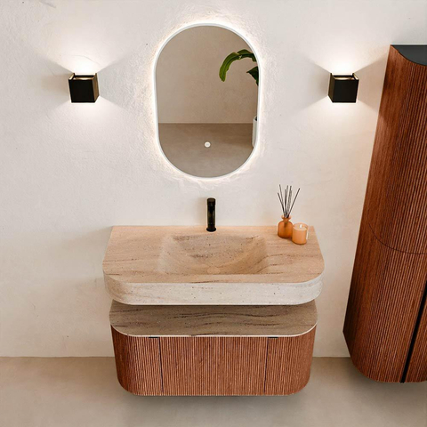 MONDIAZ THOR-DLUX Meuble de salle de bains - 100cm - arrondi gauche + droite - couleur Ruby - 1 tiroir - 2 portes - Vasque suspendue CLOUD Milieu 1 trou de robinet couleur Saba SW1467634