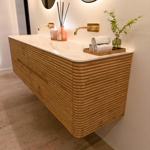 Mondiaz CIRO-DLUX Meuble de salle de bains - 170x45x50cm - Plan vasque Solid surface Ostra - 2 vasques Double - sans trous de robinetterie - 4 tiroirs - Chêne SW1530931