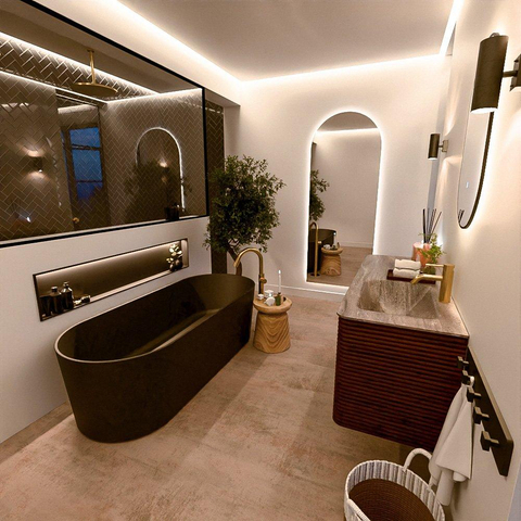 Mondiaz CIRO-DLUX Meuble de salle de bains - 130x45x50cm - Plan vasque Solid surface Oza - 1 vasque à droite - 1 trou de robinet - 4 tiroirs - Ruby SW1532141