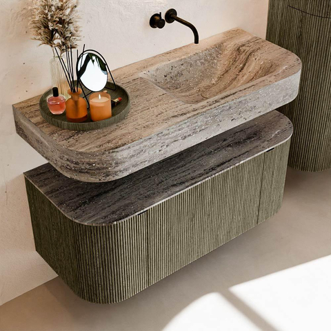 MONDIAZ THOR-DLUX 110cm meuble de salle de bains arrondi gauche + droite couleur Shadow avec 1 tiroir et 2 portes. Vasque suspendue CLOUD Droite sans trou de robinet couleur Oza. SW1463073