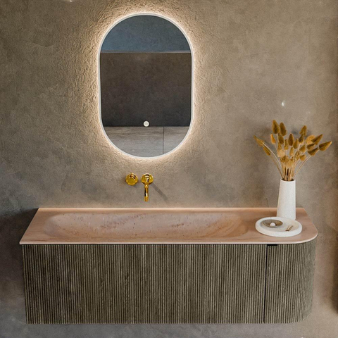 MONDIAZ KURVE-DLUX Meuble de salle de bains 135cm arrondi Droite couleur Shadow avec 1 tiroir et 1 porte. Lavabo BIG MEDIUM Gauche sans trou de robinet Saba. SW1433259
